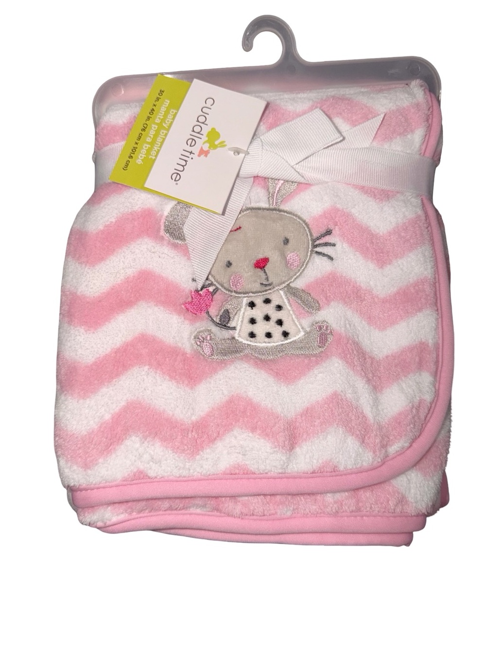 Cuddle Time Baby Blanket - Pink & White Chevron with Bunny Applique